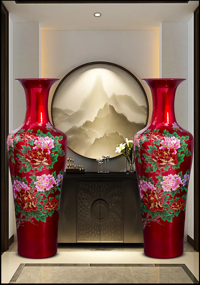 Jingdezhen porcelain ceramic red peony oversized ground vase hotel opening home sitting room adornment is placed