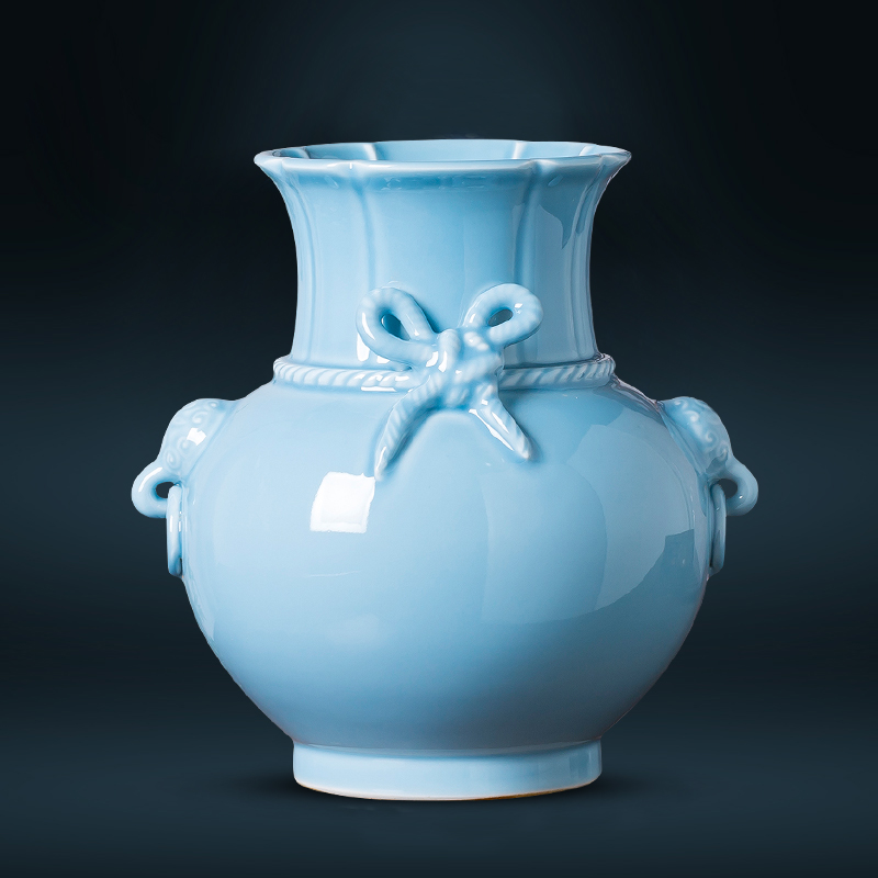 Jingdezhen ceramics azure glaze antique vase carved Chinese style restoring ancient ways home wine sitting room adornment is placed