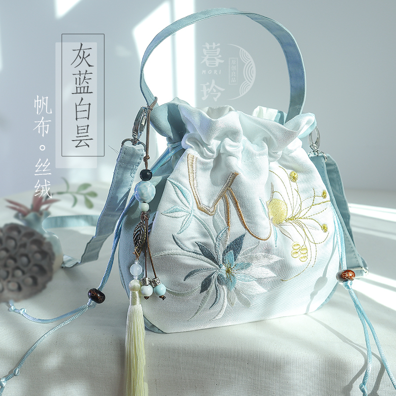 Drawstring Handbag with Tassels and Embroidery, Chinese Style, Fairy-Like, Ancient Style Canvas Hanfu Bag Drawstring Handbag with Tassels and Embroidery, Chinese Style, Fairy-Like, Ancient Style Canvas Hanfu Bag