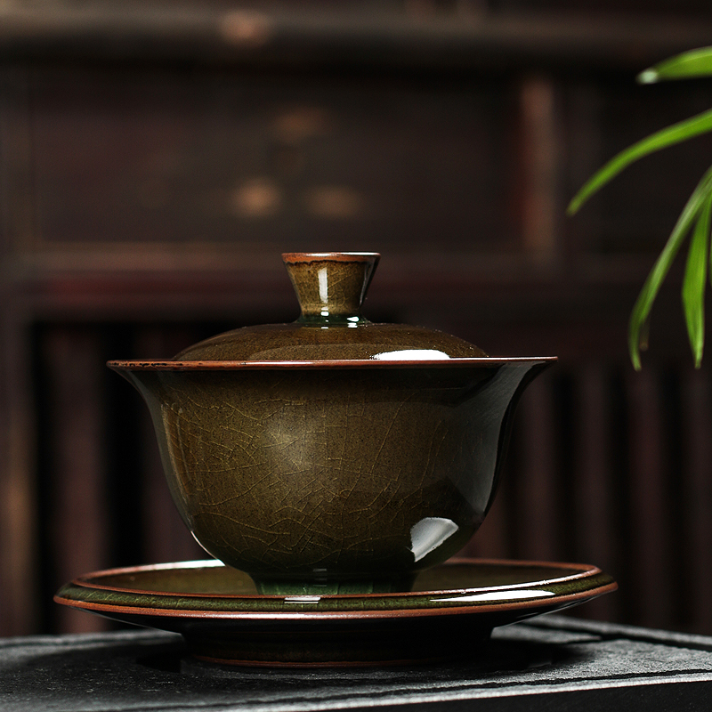 Net Hidden Green Porcelain Cover Bowl Tea Cup Home Utiliti Tea Furniture Handmade Ceramic Retro 3 Only Tea Bowl Size Number Individual-Taobao