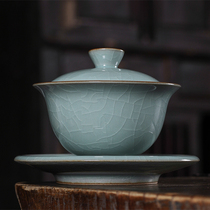 Longquan bowl kung fu tea set three talent Bowl single non-hot pure handmade celadon giln giln ice crack cover Cup retro ceramic