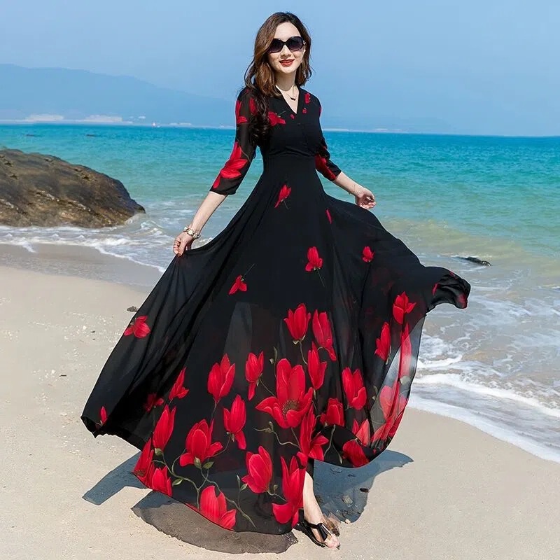 Spring and Summer New Korean Style V-Neck Printed Chiffon Dress, Feminine, High-Waisted, Elegant, Wide-Swing, Slimming Beach Long Dress Spring and Summer New Korean Style V-Neck Printed Chiffon Dress, Feminine, High-Waisted, Elegant, Wide-Swing, Slimming Beach Long Dress