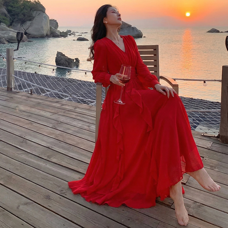 Spring and Summer New High-End Solid Color Chiffon Dress Women's Long-Sleeved Elegant Waist-Cinching Seaside Vacation Dress Beach Long Dress