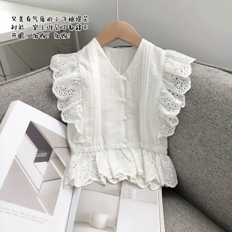 Chenchen mẹ cô gái tính khí thời trang nhỏ tay áo bay trẻ em mùa hè mới thời trang áo ren jacquard - Áo sơ mi