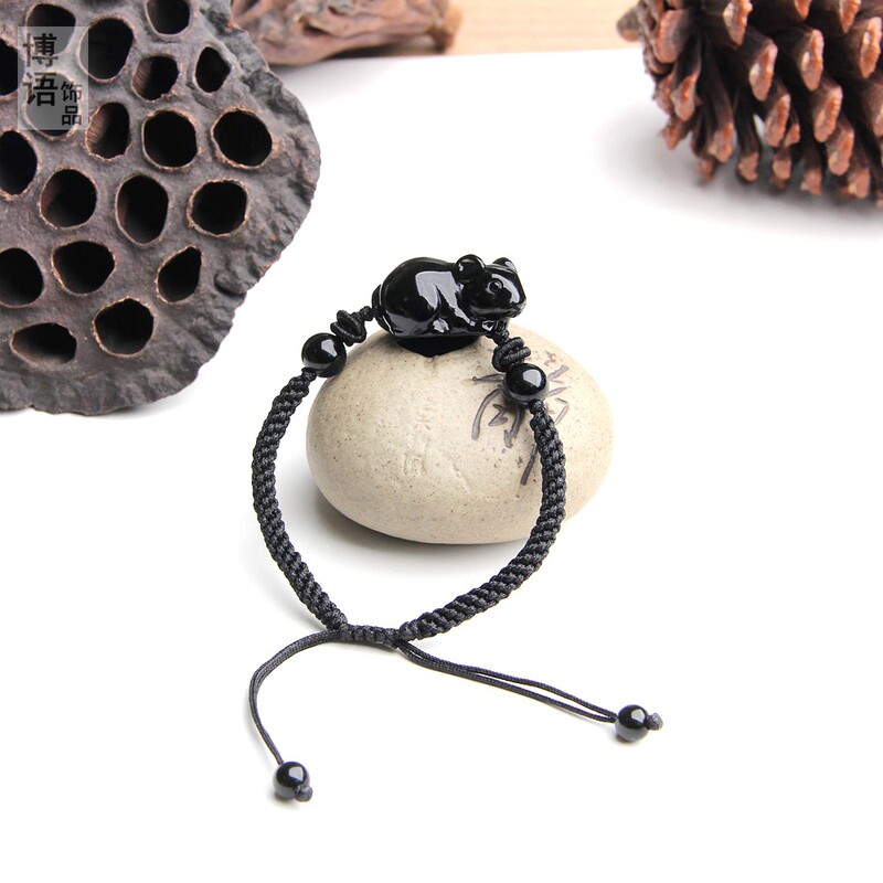 Handmade Rope-Woven Rat Bracelet with Natural Obsidian, Rat Bracelet for Men and Women, Zodiac Rat Bracelet Jewelry