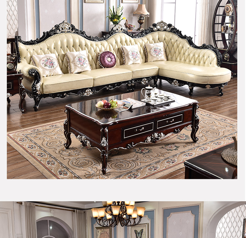 Yilang sofa phòng khách châu Âu góc sofa da châu Âu kết hợp sofa chạm khắc rắn đồ nội thất châu Âu - Ghế sô pha đi văng