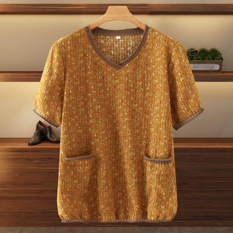 Summer dress new gattening up code short sleeves V collar crushed floral blouses Senile Temperament Mom Fashion Mother-in-law T-shirt