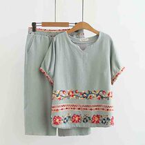 Summer dress new two sets of middle aged mother Embroidery Short Sleeve National Wind Big Code Womens Cotton Numb Suit