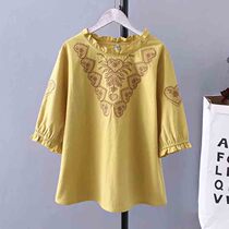 Summer T-Shirt Big Code Loose Womens Clothing Middle Aged Mother Embroidered Cotton loose Covered Meat blouse Summer middle-aged T-shirt