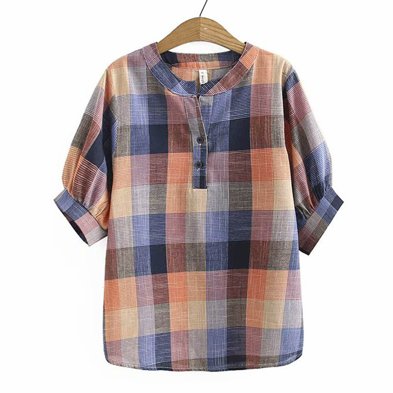 Summer dress new middle aged mother dress blouse big size loose cotton linen lattice bubble sleepwear fashion 40-year-old shirt