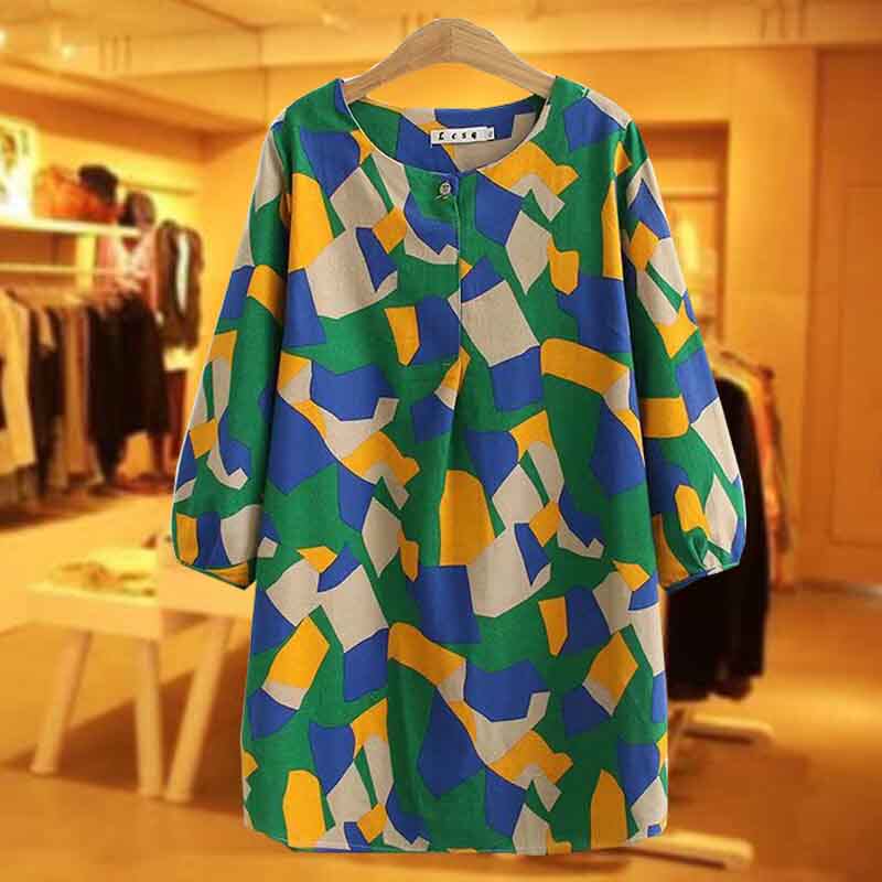Summer dress new medium long version printed cotton linen aged mother blouses fashion temperament small size shirt with large size
