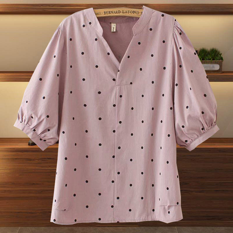 Summer dress new large-size loose dot v collar middle-aged loose meat coat in old-age fashion mother T-shirt