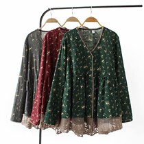 Spring Clothing Middle Aged Mother Loaded 40-year-old Broken Flowers Long Sleeves Lace Side V Collar Outerwear Spring Autumn Cotton Linen Old Age Shirt Summer