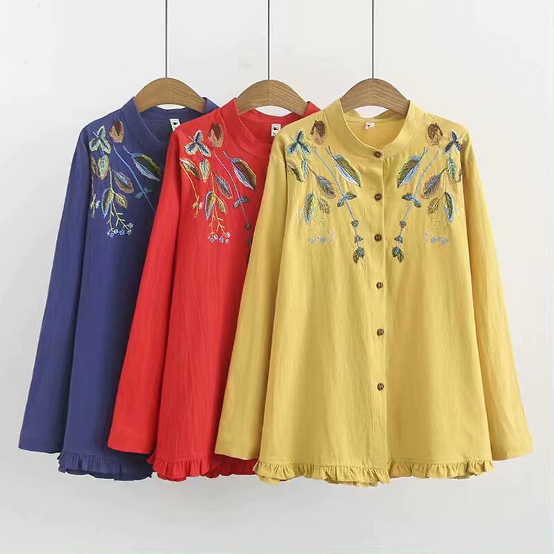Middle-aged mother's top Spring new fat plus size long-sleeved embroidered cardigan shirt girls ' shirt external match