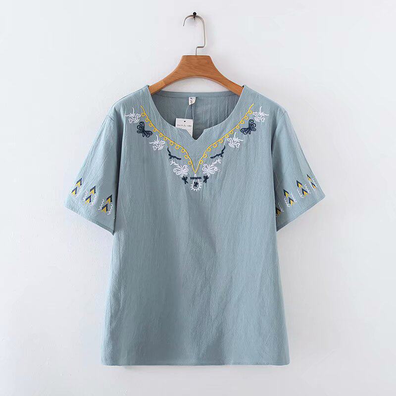 Middle Aged Mom Loaded Blouse Fashion Embroidery Small Flower Short Sleeve T-shirt Large Size Women's 200 Catty Summer T-Shirt