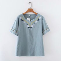 Middle Aged Mom Loaded Blouse Fashion Embroidery Little Flower Short Sleeve Body Shirt Big Code Womens 200 Catty Summer T-Shirt