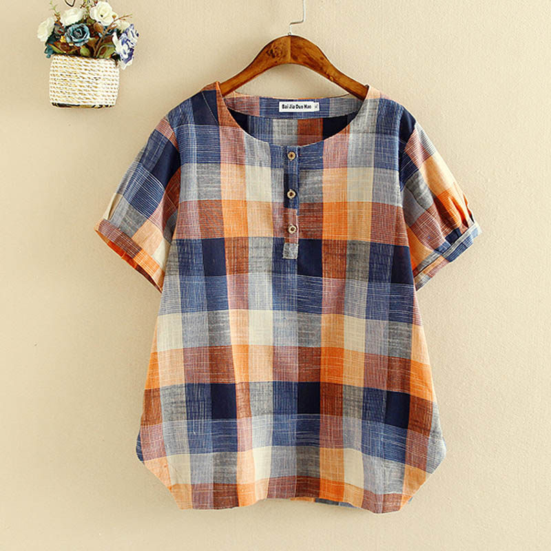 Summer dress new middle aged mother cotton linen plaid short sleeve blouses fashion loose slim middle aged shirt T-shirt