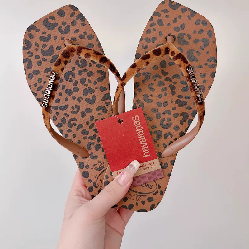 Бразильские шлепанцы Havaianas леопардовый принт бархат зебра квадратная головка женская верхняя одежда прищемление стопы лета
