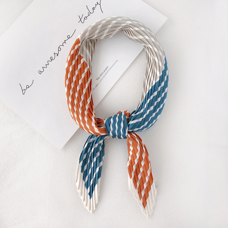 New South Korean ins accordion 100 pleats small silk scarves spring summer autumn press crumpled small scarves 100 hitch decoration hair with women