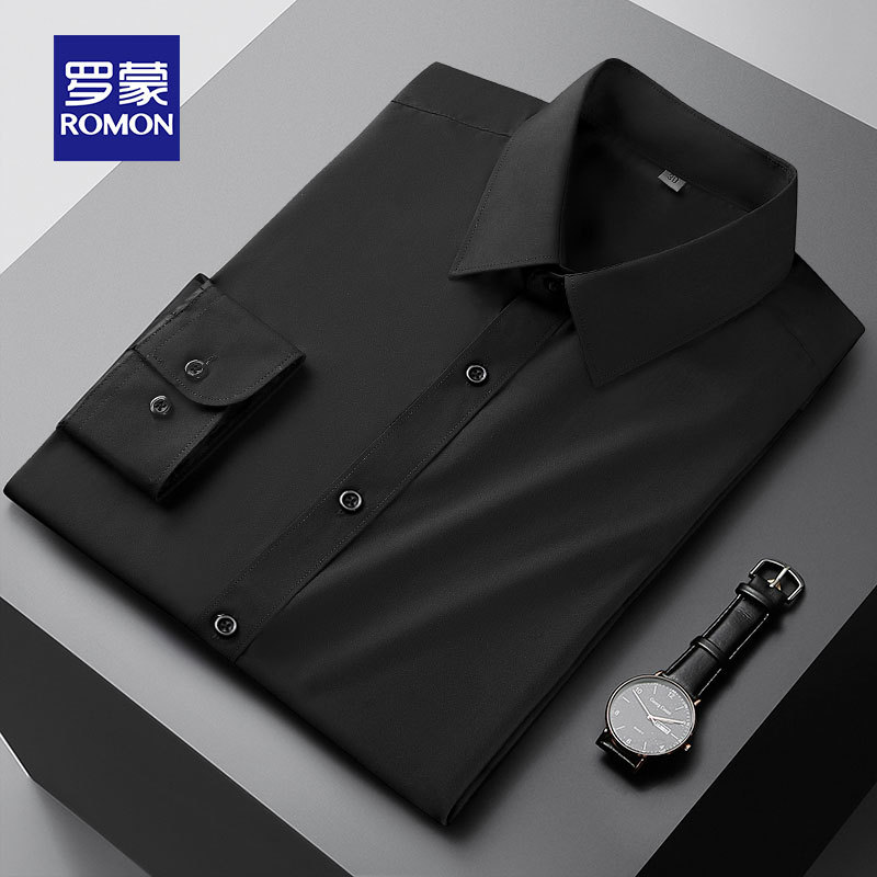 Romon Black Long-Sleeved Shirt for Men 2026 Spring and Autumn High-End Bamboo Fiber Wrinkle-Free Workwear Suit Inner Shirt