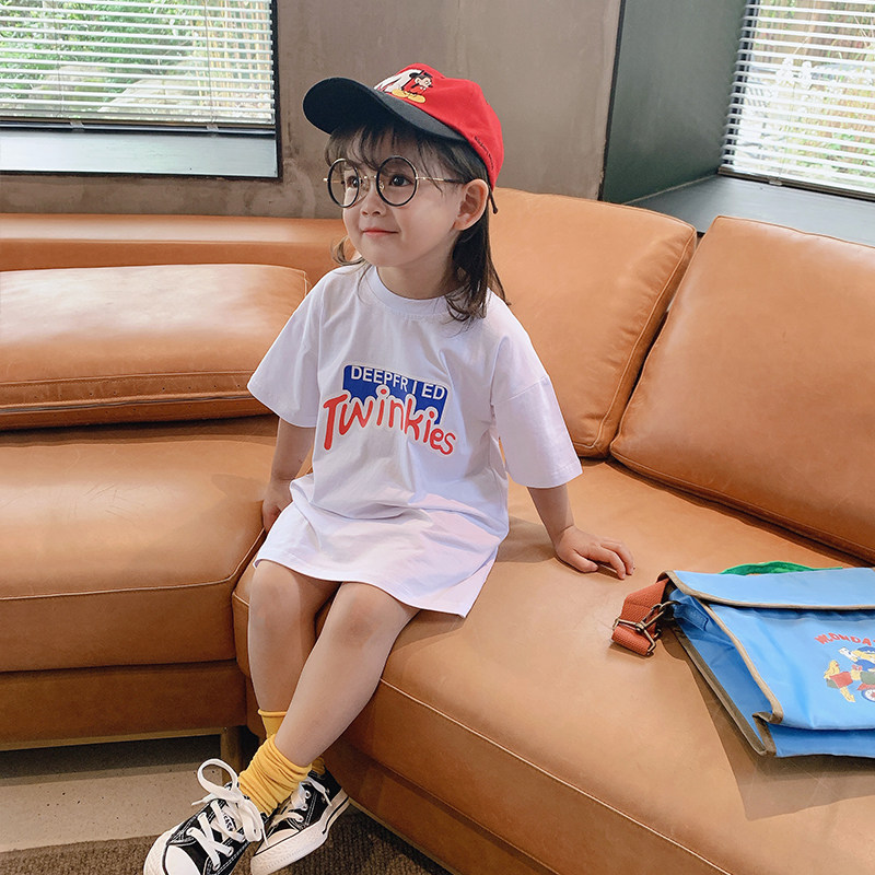 Girls' mid-length T shirt 2021 summer dress new children's baby short-sleeved top pure cotton foreign loose bottom shirt