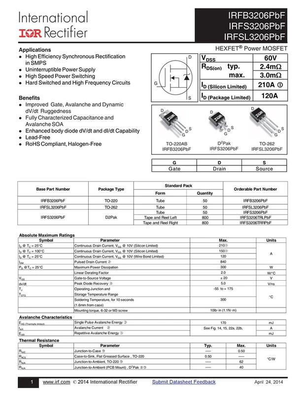 Chính Hãng IRFB3206PBF TO-220 N Kênh 60V/210A Cắm Trực Tiếp MOSFET Ống Hiệu Ứng Trường