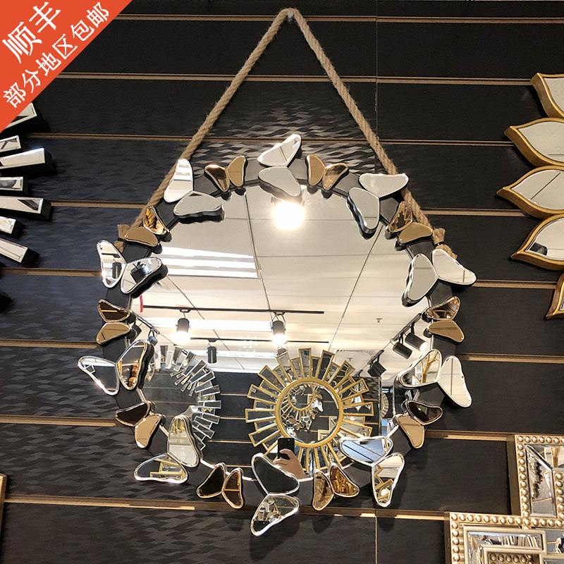 Eurostyle American Round Bathroom Mirror Wall-mounted Makeup Room Mirror Dining Side Butterfly Decorative Mirror Background Wall Creative Mirror