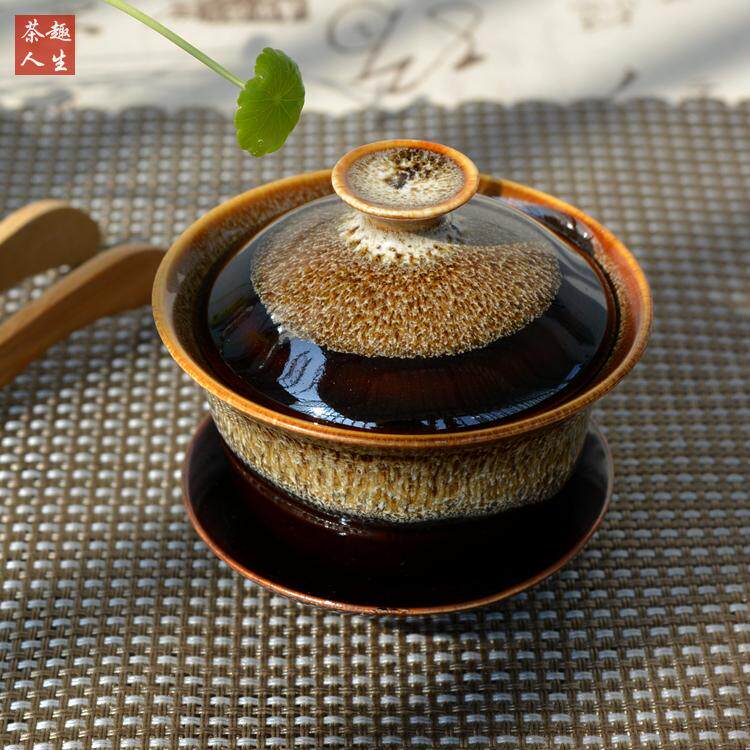 Jun kiln Jianzhan Kung Fu tea set ceramic tea cup tea bowl three talents cup cover bowl small mouth tea cup tea preparation tea maker