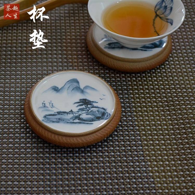 Coarse pottery cup holder Coaster raising pot pad Pot holder Teapot seat Hand-painted Gongfu tea hand-made purple sand pad Blue and white porcelain cover set