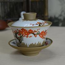 Purple Sand Triple Bowl Retro Coarse Pottery Hand-painted Lid Bowl Pure Entirely Handmade Tea Bowl ceramic Gongfu Tea Tea With Tea Preparation