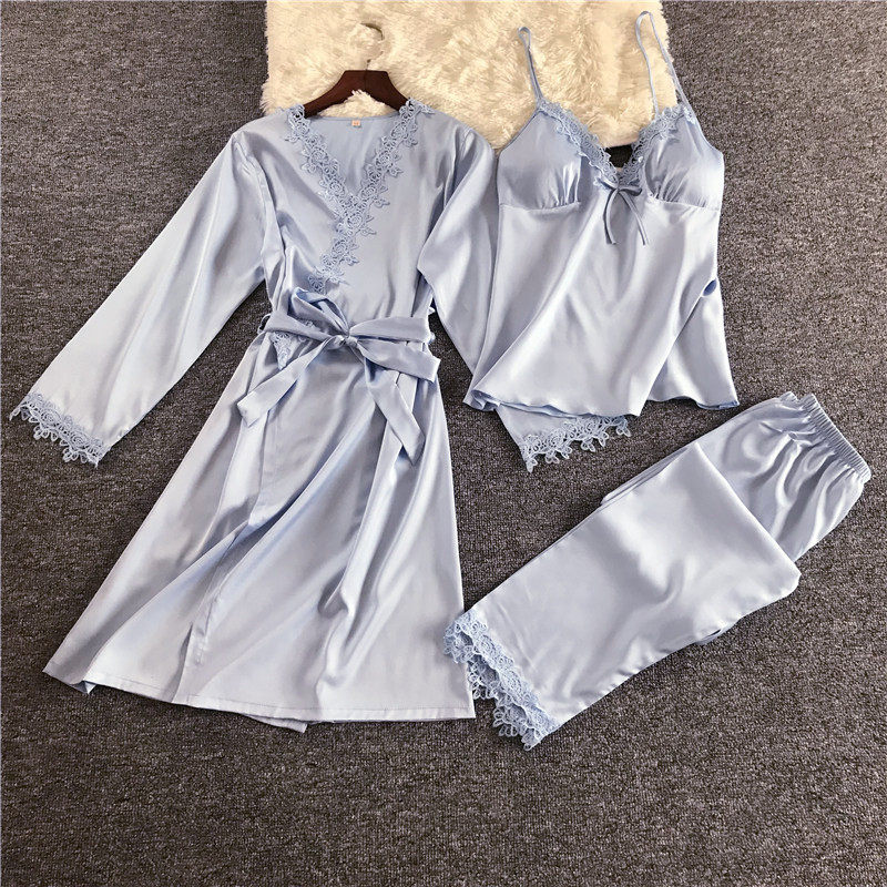 Sleepwear women Summer New models Emulated Silk Sleeping Robes Three Sets Sexy Chest Pads Fresh Ice Silk Thin harnesses Long pants Changpants-Taobao