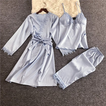 Pajamas female summer new simulation silk robe three-piece sexy chest pad fresh Ice Silk thin suspender trousers gown