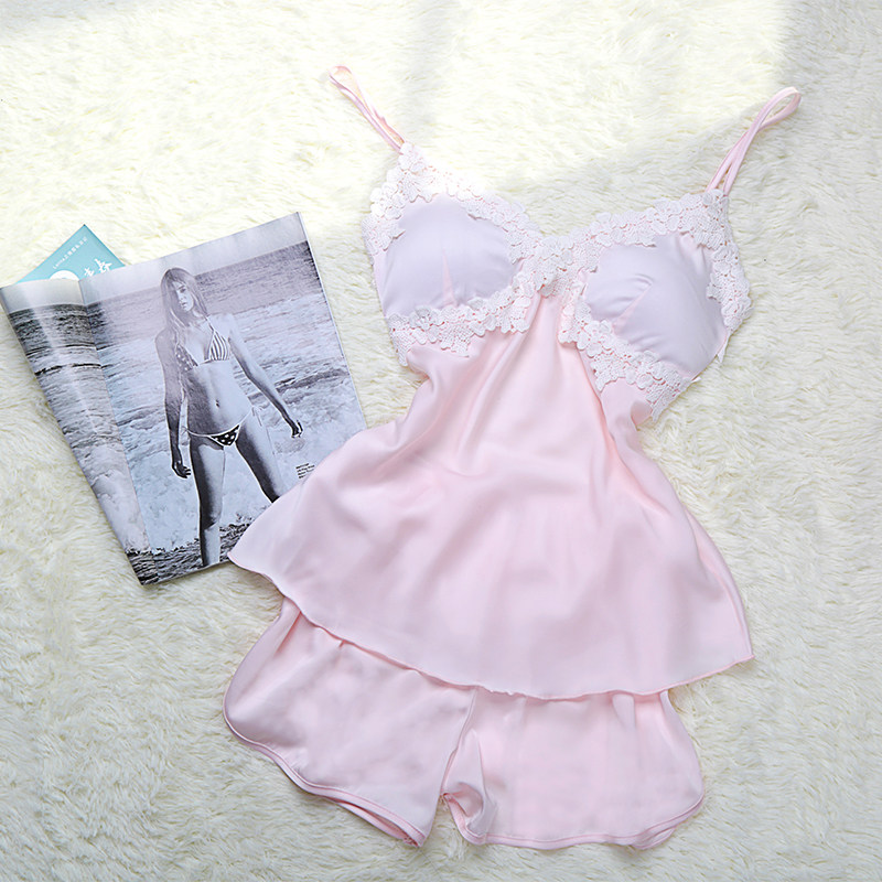 New Pint Harness Pyjamas White Lace Emulation Silk Desirable Chest Cushion Harness Shorts Shorts Deep V Sexy Sleepwear Women Summer