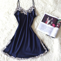 New sexy sling pajamas nightgown women Summer deep V Ice Silk Silk Silk embroidery lace temptation large size lace skirt