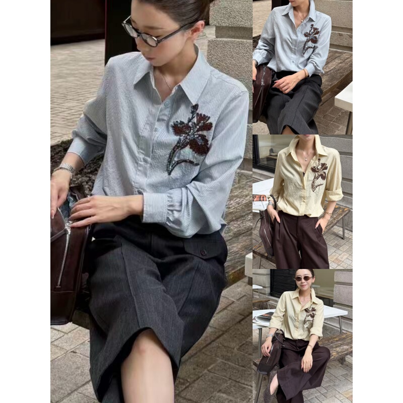 Elegant and High-End Cashmere Boutique 2026 Early Autumn New Fashion Versatile Lapel Sequin Embroidery Slim-Fit Shirt for Women Elegant and High-End Cashmere Boutique 2026 Early Autumn New Fashion Versatile Lapel Sequin Embroidery Slim-Fit Shirt for Women