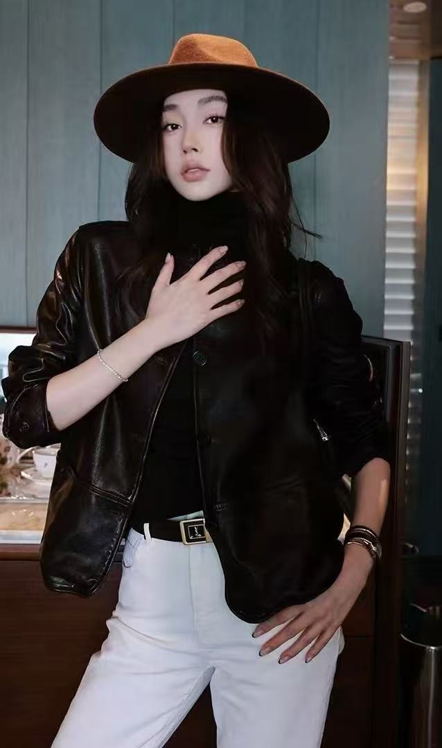Áo khoác da nữ cổ đứng dáng suông phối cúc một hàng — màu đen, Màu nâu cà phê