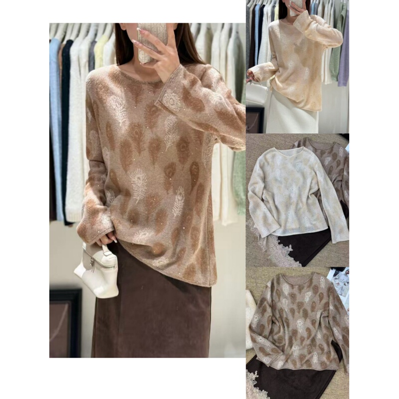 Elegant and High-End Cashmere Store 2026 Early Autumn New Round-Neck Heavy-Duty Rhinestone Jacquard Feather Long-Sleeve Cashmere Sweater Elegant and High-End Cashmere Store 2026 Early Autumn New Round-Neck Heavy-Duty Rhinestone Jacquard Feather Long-Sleeve Cashmere Sweater