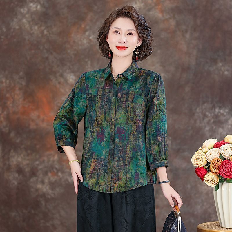 Bgtb Mulberry Silk Shirt, New Chinese Style Shirt for Women, Spring and Summer Printed Lapel, Elegant and Age-Reducing Mother's Wear, Silk Top