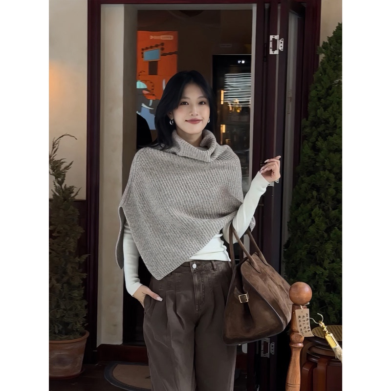 Iamjam “Autumn and Winter Sweater Shawl” Apricot-Colored Lazy Style Layered Wool Knit Pullover Top for Women