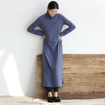 Tereshan also worry-free Morandi color cotton knitted dress plus velvet warm high-neck long skirt with bottom wear
