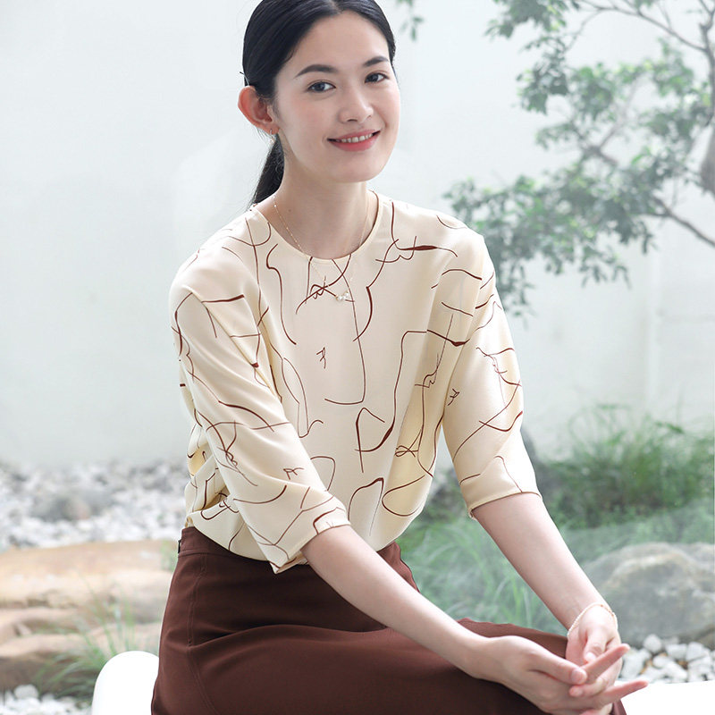 Temple Mountain Wen also Yushu Abstract Art Stamp 19 Mmi pearl satin minimalist Temperament Short Sleeve Shirt T-shirt