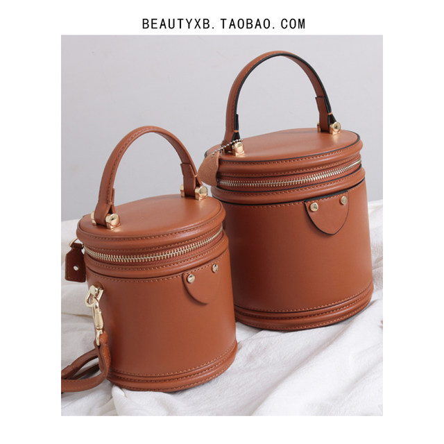 Round cowhide box bag retro genuine leather box bucket women's bag mini casual Korean style portable crossbody bag