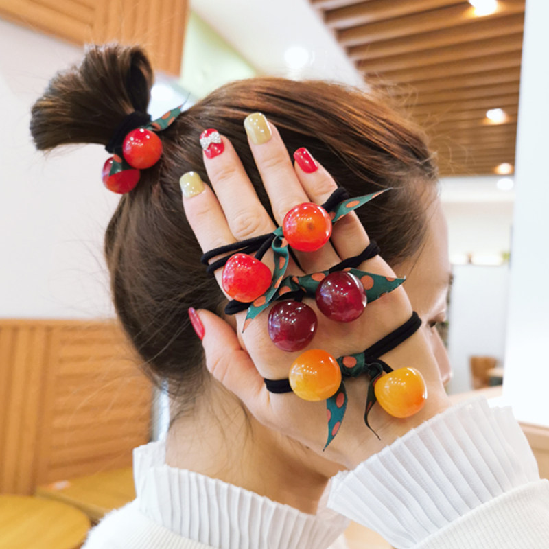 Korean high elastic bow cherry hair rope tie hair rubber band head rope net red simple temperament plate hair ring leather case