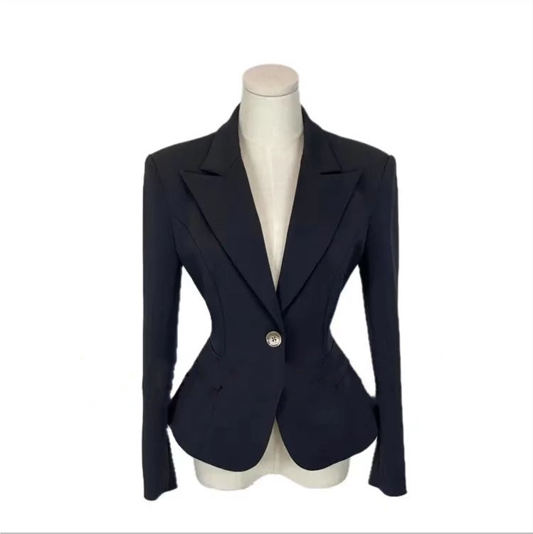 Black Handmade Design Blazer for Women, Straight Shoulder, Elegant Goddess Style, Waist-Cinching, Slimming, Professional Attire, Workwear