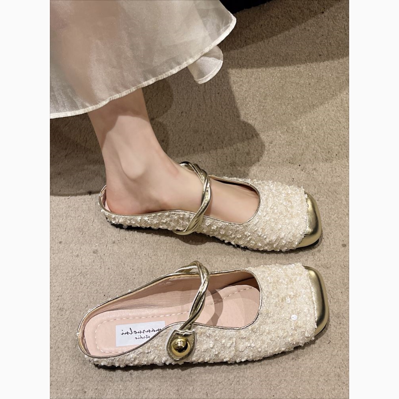 Japanese Celebrity Flat Mary Jane Sandals for Women with Sequins, Elegant Sandals to Match Skirts, Half-Slippers Japanese Celebrity Flat Mary Jane Sandals for Women with Sequins, Elegant Sandals to Match Skirts, Half-Slippers