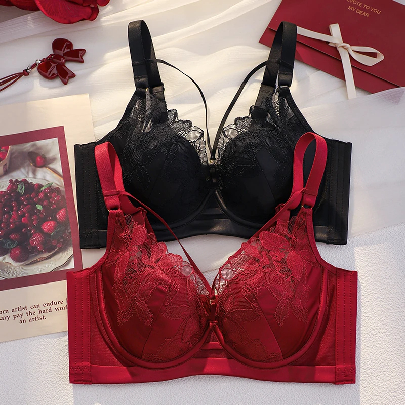 Japanese Red Lingerie Set for Women, Big Bust Minimizing, Sexy Lace, Wedding Bride Bra and Panties Set