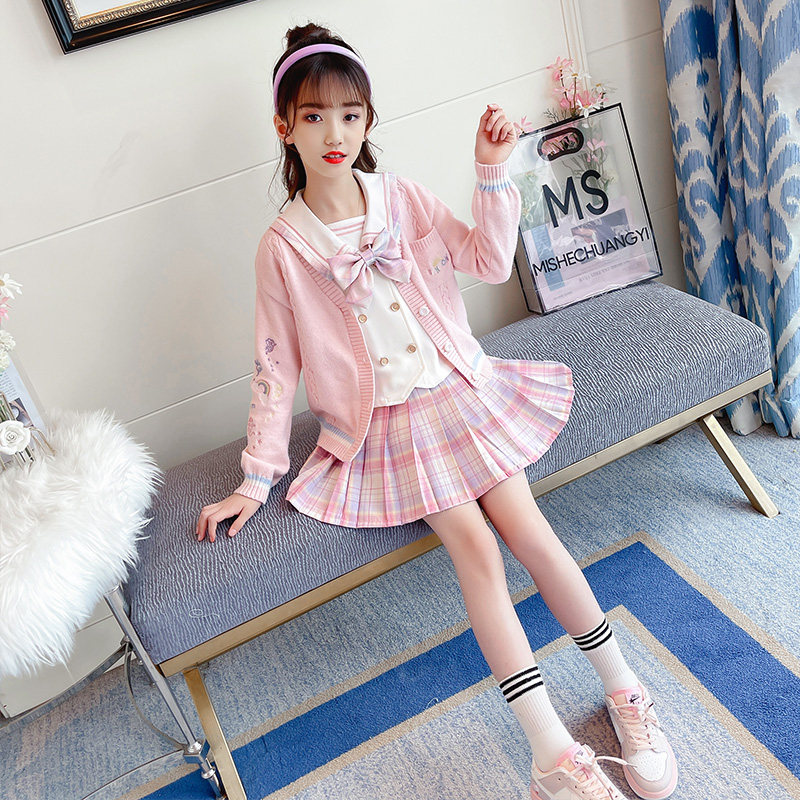 Girl Day Ensemble Jk Uniform Suit Spring Autumn New 10 Year Old Girl College Wind Princess Dress Three Sets Ocean Dress Tide