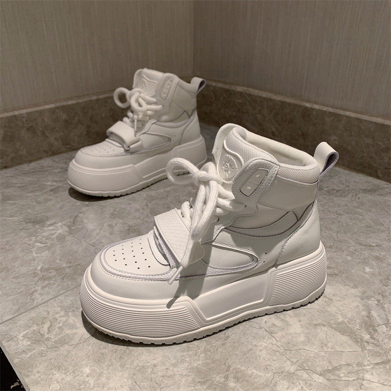 Korean version genuine leather lacing thick bottom pine cake ugly cute bread shoes casual shoes board shoes little white shoes net red bursting women shoe boomers-Taobao