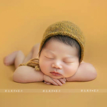 Newborn photography yellow pink purple gray mixed color yarn hat wrapped ear photo studio full moon baby photo props
