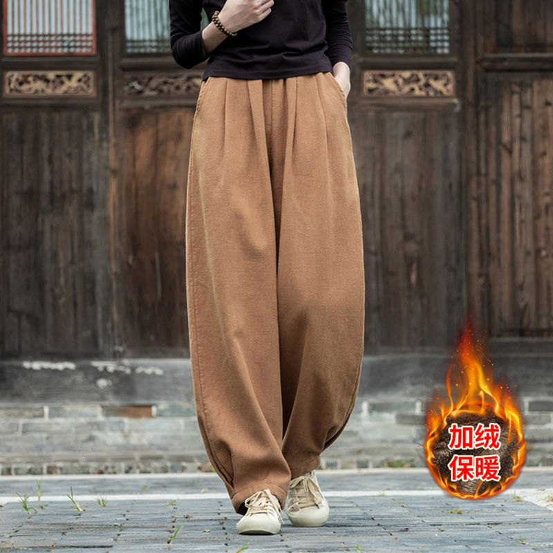 Cotton and Linen Pants 2026 New Autumn and Winter Thickened Casual Pants Loose Slimming Fleece-Lined Long Pants Zen Clothing Tai Chi Lantern Pants